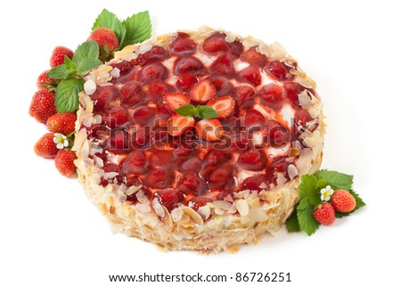 strawberry cheese cake piece isolated on white, Beautiful decorated fruit cake