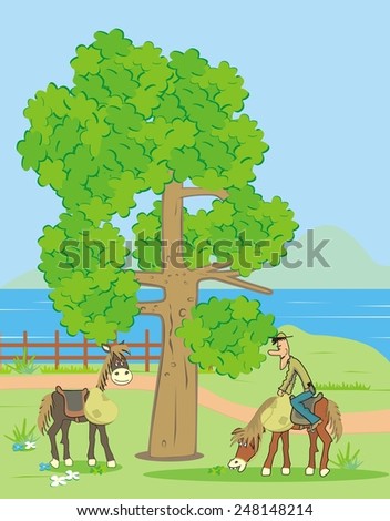 landscape, tree,lake, mountain and horses