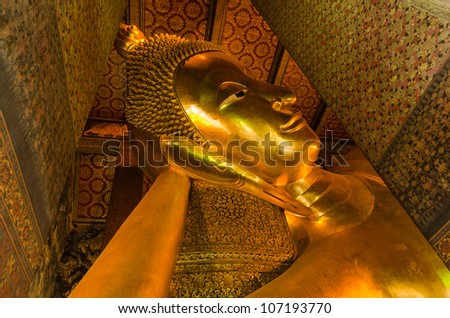 Reclining Buddha gold statue in Wat Pho, Bangkok, Thailand, Asian style Buddha Art