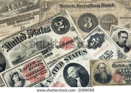 Various early American currency including one two three dollar bills 10 cents and fifty cent paper money