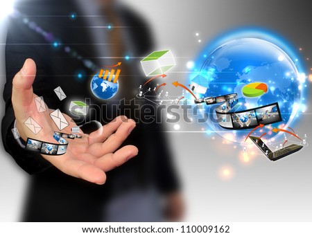 businessman holding ideas around the world social media businessman holding ideas around the world social media