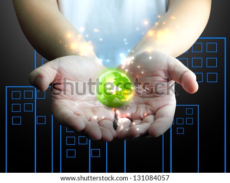 hand holding world, connected