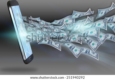 Dollars flying out of the smartphone.business concept