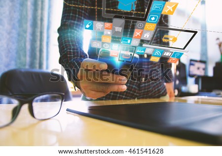 Hand touch screen smart phone.Digital technology concept,Social media,social network