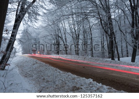Light painting near a forest in middle of winter