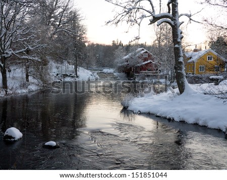 Icy cold river scene with snow