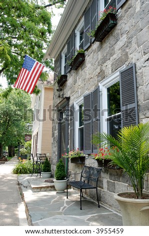 Historic building and street with American flag