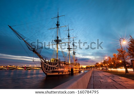 An old frigate in the evening, Neva river, St. Petersburg, Russia