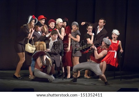 Dnepropetrovsk, Ukraine - Apr 24: Members Of The Theatre &Quot;Anthill&Quot; Perform &Quot;Pilferers Are Different You Do Know&Quot; At The State Russian Drama Theatre On April 24, 2013 In Dnepropetrovsk, Ukraine Stock Photo 151352411 : Sh