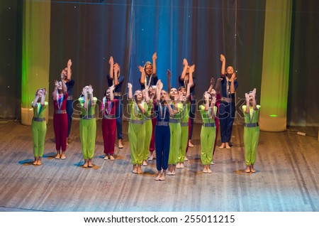 DNIPROPETROVSK, UKRAINE - FEBRUARY 8: Unidentified girls, ages 7-13 years old, perform SPORT DANCE on February 8, 2015 in Dnipropetrovsk, Ukraine