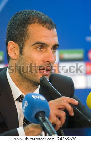 DONETSK, UKRAINE OCT. 1: Head Coach of  FC Barcelona Josep Guardiola gives an interview after the match of Champions League between FC Shakhtar and FC Barcelona on October 1, 2008 in Donetsk, Ukraine