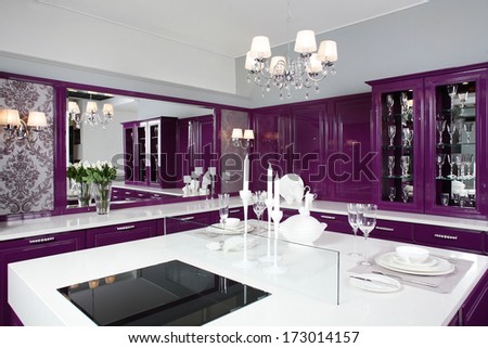 Luxury Purple Kitchen Interior With Modern Furniture