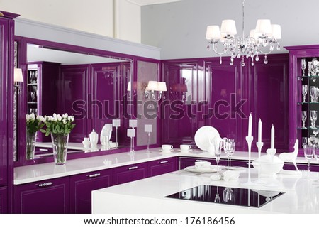 Luxury Purple Kitchen Interior With Modern Furniture