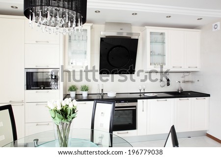 beautiful and model interior of bright kitchen