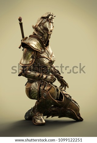 Side profile of a female fully armored ornamental knight . 3d rendering