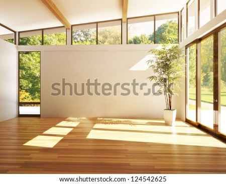 Empty room of business, or residence with woods background