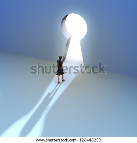 Key To Success, Female Walking To The Entrance Of A Keyhole