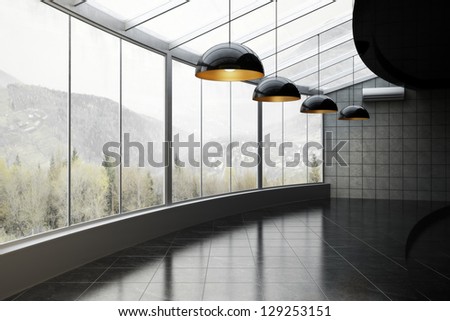 Empty Room Of Business, Or Residence With Mountains And Woods Background