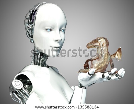 Science fiction meets Fantasy. Female android robot holding a baby dragon with a gradient background.