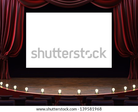 Cinema Movie Theater With Curtains, Screen, Seats And Lighted Stage. Room For Text Or Copy Space Advertisement.