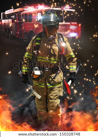 Firefighter arriving on a hazardous scene ready for battle with full array of tactical lighting, tools and thermal imaging camera.