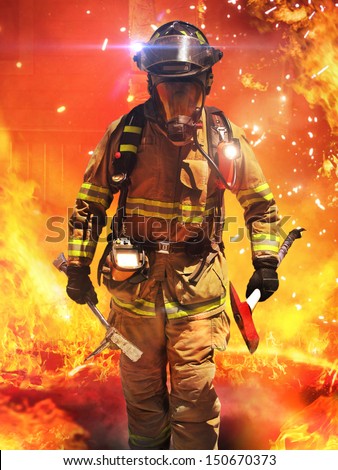 Firefighter searches for possible survivors with tools, tactical lighting and thermal imaging camera . Part of a firefighter series.