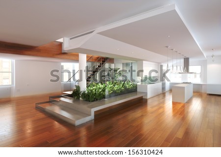 Empty Room Of Residence With An Atrium Center And Hardwood Floors