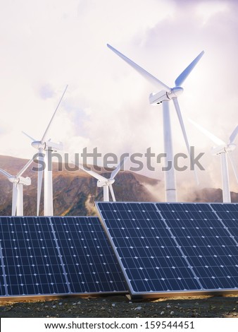 Solar Eco power and wind generators. Renewable clean energy concept.