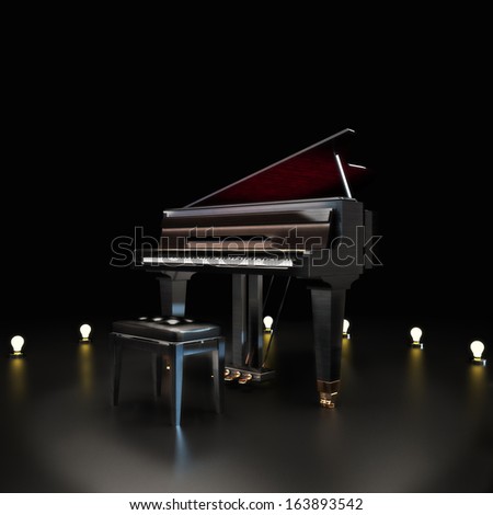 Elegant Piano Center Stage With Lighting Accents On A Black Background. Room For Text Or Copy Space .Piano Concert Music Concept.