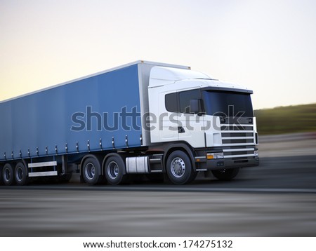 Truck On The Road. Generic 3d Model Concept Of A Cargo Truck Traveling Down The Road With Motion Blur. Room For Text Or Copy Space.