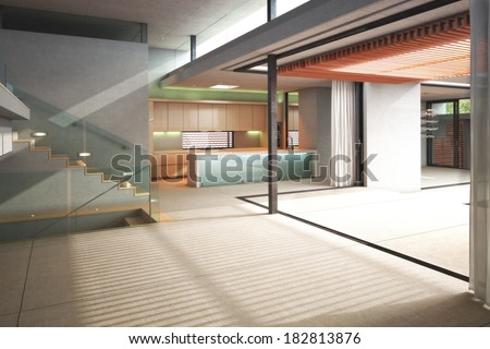Multiple level empty interior room of a residence with open air patio