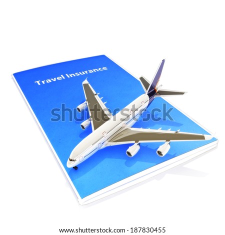 Travel Insurance concept with Jet aircraft on a white background Travel Insurance concept with Jet aircraft on a white background