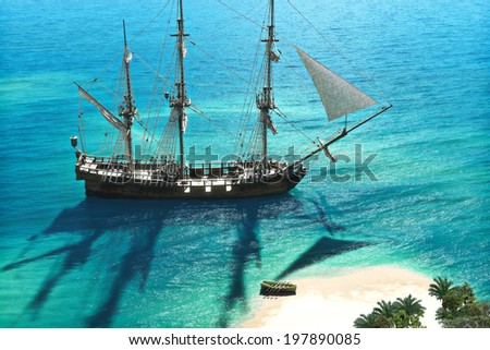 Exploration A pirate or merchant ship anchored next to an island with the crew going ashore Exploration A pirate or merchant ship anchored next to an island with the crew going ashore