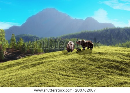 Bear mountain. Family of bears with a majestic mountain background.