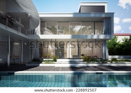 Contemporary home with open floor design and curtains blowing in the wind with a pool view. Photo realistic 3d rendered scene.