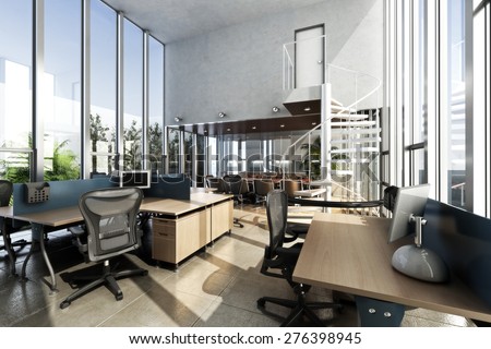 Open interior furnished modern office with large ceilings and windows . Photo realistic 3d rendering
