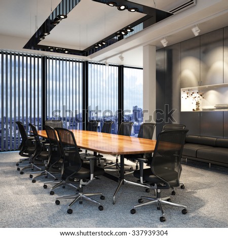Executive modern empty business office conference room overlooking a city. Photo realistic 3d model scene.