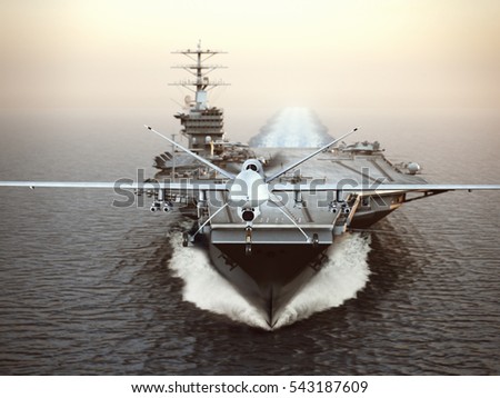 Military Drone aircraft launching from an aircraft carrier on a strike mission. 3d rendering