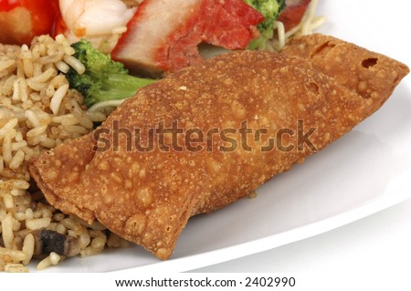 Close-up of an eggroll on a plate of Chinese Food.