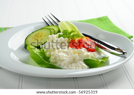 Plate with cottage cheese and fresh vegetables.