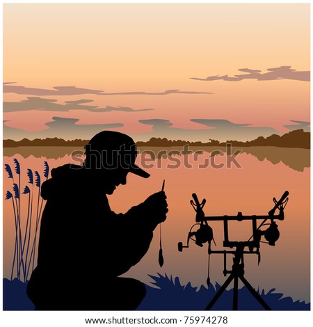 carp fisherman in sunset illustration