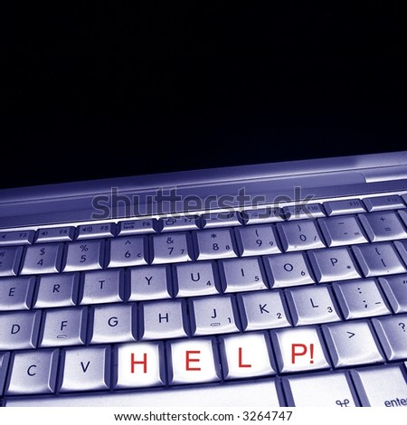 Purple computer keyboard with red help keys, on black background