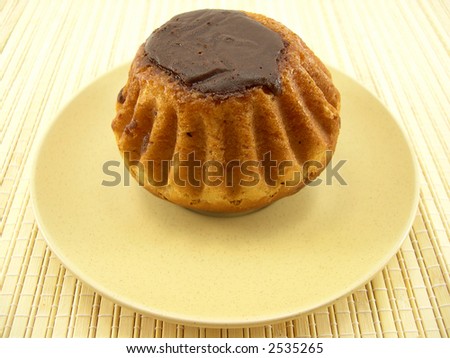 Beautiful tasty cake in chocolate on a plate on a bamboo napkin