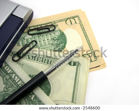 Beautiful office with money the handle and the calculator on a white background