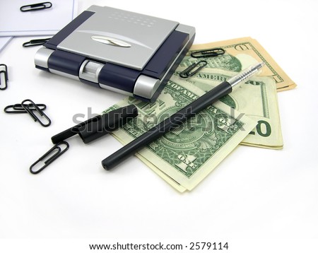 Beautiful office with money the handle and the calculator on a white background