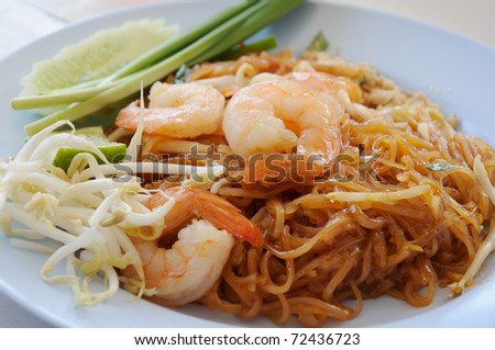 Padthai is a dish of stir-fried rice noodles with eggs, fish sauce, tamarind juice, red chilli pepper, plus any combination of bean sprouts, shrimp, tofu, garnished with crushed peanuts.