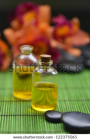 Spa Settings (zen stones, massage oil, bamboo grove , orchid, sea salt in bowl)