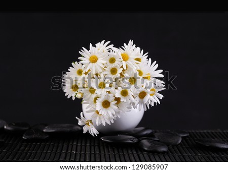 Set of bouquet of daisies flowers in bowl with zen stones on mat