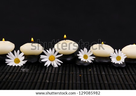 Row of white daisy flowers and candle ,zen stone on mat