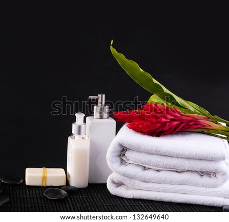 Spa feeling with Ginger flower, salt with oil in glass ,towel ,